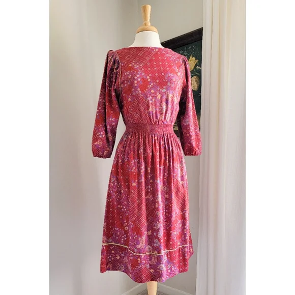 70s Red Floral Cinched Waist 1970s Vintage Midi Dress by ' Belle France ' - Picture 3 of 8